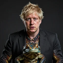 Boris Johnson with Lizard body, realistic artstyle, wide shot, dramatic lighting, octane render, hyperrealistic, high quality, highly detailed, HD, beautiful, cinematic, 8k, unreal engine, facial accuracy, symmetrical