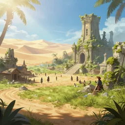 low angle wide shot, the elder scrolls vi hammerfell, hamlets, marketsquare, mesa, oasis, sand dunes, ruined temple covered with moss, meadows, sub tropical, illustration, rim light, top light, perfectly shaded, soft painting, art by krenz cushart and wenjun lin