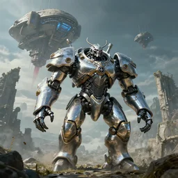 highly detailed elden ring portrait photo of a huge chrome plated robotic golurk mumakil in scenic dystopian environment. an even bigger massive mothership lifts off in the background, hyperrealistic illustration by william didier - pouget