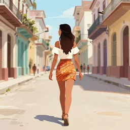 illustration of a beautiful cuban woman in havana full body walking down the street from behind