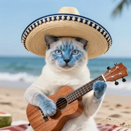 blue eyed siamese cat in a sombrero playing a ukelele, beach background, realistic, 4 k