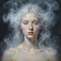 portrait of a beautiful lady from heaven covered with transparent smoke, a painting by h. r giger and greg rutkowski. hyper detailed portrait.