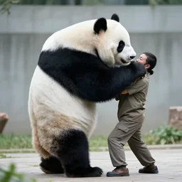 photo of a zookeeper struggling to lift a giant panda