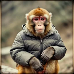 an old photo of a monkey wearing a puffer jacket