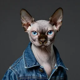 full head photo portrait of a cute sphynx cat made with jeans jacket, medium shot, super realistic, crisp details, sharp, detailed, intricate, volumetric lights, cinematic, shit with hasselblad, octane render. no crop
