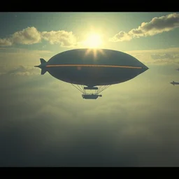 , octane, 8 k photorealistic, de - noise, 8 k, high quality, volumetric lighting, scattered, mist, glow 3 d, nikon d 1 8 0, bokeh, focal 2 4 mm, very detailed, beautiful a zeppelin solarpunk, in the sky sunshine in tne landscape