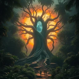 horrific portal to the stars, embedded in a terrifying tree in a densely overgrown jungle, fantasy, dreamlike sunraise, ultra realistic, atmospheric, stopped in time, epic