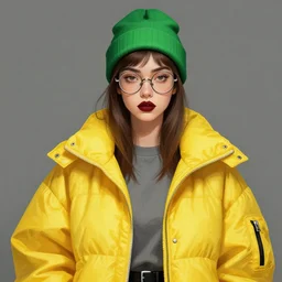 german girl wearing a ( ( ( ( funky yellow bubble jacket ) ) ) ), green beanie, gray shirt, ( ( ( ( ( thick eyebrows ) ) ) ), dark red lips, ( ( ( round eyeglasses ) ) ), highly detailed, synth wave, digital painting, artstation, concept art, smooth, sharp focus, illustration, art by artgerm and greg rutkowski and alphonse mucha