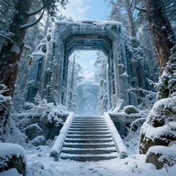 stairs leading to a frozen derelict portal in a middle of a snowy lush futuristic forest, lush world seen only through a portal, daylight, cinematic lighting, blue sky, syd mead, john harris