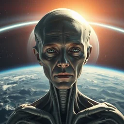 a youtube thumbnail showing elon musk's face on an alien body in the middle of space, earth is behind them, hyper realistic, super detailed.