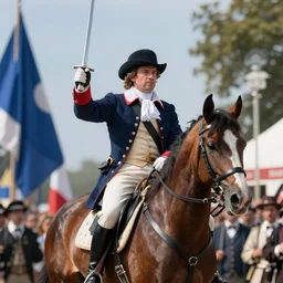 geert wilders in a french revolution costume holding a sabre and riding a horse, realistic, 8 k, photograph