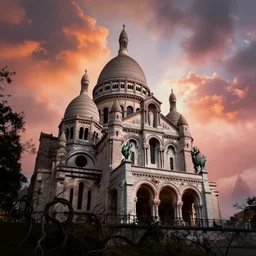abandoned Basilica of Sacré Coeur de Montmartre, toxic orange and pink clouds strain the sunlight, stark contrasting lighting, contrejour, a two-headed mutated deer-like creature looks on in the distance from the sparse twisted silhouetted foliage, a highly detailed colorful matte painting by Scott Listfield and Mikko Lagerstedt, featured on Artstation, Unreal Render, 8k HDR, fisheye