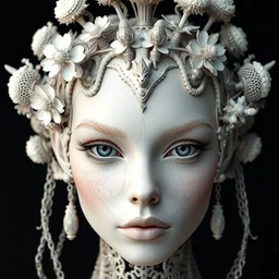 complex 3 d render hyper detailed ultra sharp beautiful futuristic stunning biomechanical humanoid woman with porcelain ivory face, medium shot portrait, close - up, iris van herpen cyberpunk daisies corals haute couture filigree lace, headdress with rhizomorph finials spires, brackets, fractal embroidered puffballs, octane render, 8 k