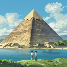Rendering of a scene of big pyramid near the sea，by Makoto Shinkai and Thomas Kinkade, fantasy matte painting, trending on cgsociety and unreal engine，light effect，highly detailed，super wide angle,