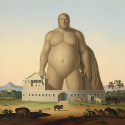 artwork by john james audobon of a building with a large, very visible humanoid and animal and visible terrain, unique and interesting composition,