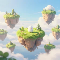 placid fluffly floating island scene, wonderland of drifting floating islands, amazing dreamscape, unbelievable beauty of this pleasant afternoon, drifting high in the sky, islands with little vegetation, floating islands, trending on pixiv, cute and fun
