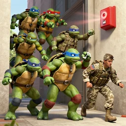 ninja turtles escape and two military ( american uniform ) ran to sound the alarm and all the turtles began to descend the water slides, comiс style, ram skull, squid phoenix jellyfish, orchid, betta fish, bioluminiscent, intricate artwork by tooth wu and wlop and beeple, 4 k,