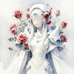 futuristic deity of roses and snow. this heavily stylized watercolor painting by the award - winning comic artist has interesting color contrasts, plenty of details and impeccable lighting.