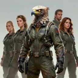 epic professional digital art of a human - eagle hybrid animal wearing human flight jumpsuit, air force jumpsuit, humanoid feathered head, eagle beak, by lisa roet, sam leach, leesha hannigan, artstation, cgsocietywlop, epic, much wow, much detail