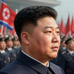 head in profilb, hyper - realistic photo of kim jong - un leading north korean people towards communism volumetric lighting, volumetric shadows, 8 k, octane perfectly detailed rendering, extremely hyperdetailed, intricate, epic composition, unusual lighting, masterpiece, trending artstation, very highly detailed, stunning, hdr, smooth, sharp focus, high resolution, award winning photo, dslr, 5 0 mm