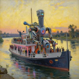 detailed close - up of a futuristic neon robotic cyberpunk steamboat in the senna river, people waving, impressionism, oil on canvas, natural colors, horizon, golden hour, masterpiece, detailed, by gustave caillebotte, wlop, mucha, greg rutkowski