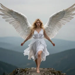 very pretty blond female angel with large wings landing on a mountain top, perfect symmetrical face, shallow depth of field, moody lighting, 8 k, concept art, in the style of martina fackova,