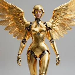maria of metropolis, humanoid robot, golden full body armor, deployed wings, beautiful helmet, glowing yellow eyes, scifi, futuristic, raytracing, glowwave, by fritz lang