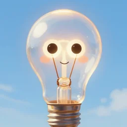 a light bulb with eyes and mouth, smiles, portrait, illustration, rim light, top light, summer clear blue sky, perfectly shaded, soft painting, epic, intricate, art