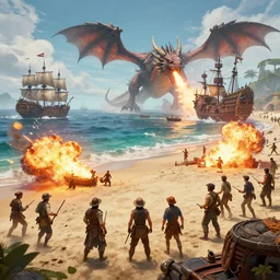 wartime fantasy beach landing, explosions, unreal engine, pirate ships in the sea in the distance, dragons breathing fire, 4k