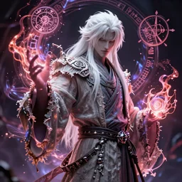 a white haired necromancer pulsing with necrotic energy, art by ayami kojima, power auras, sigils, tattered cloth robes, substance 3 d painter, pbr textures, physical based rendering, cinematic, hyper realism, high detail, octane render, unreal engine, 8 k, vibrant colors, smooth gradients, high contrast,