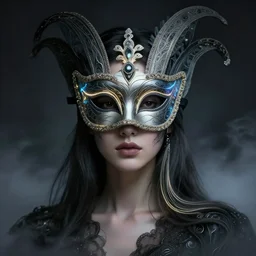 centered portrait of a beautiful woman wearing a venetian mask, intricate concept art, ethereal, highly detailed, artstation, smooth, cinematic, mist, dramatic lighting, darksynth, illuminated glowing lines, outrun, vaporware, by ruan jia and ilya kuvshinov and liam wong and alphonse mucha