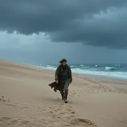 a cinematic wide angle shot of a man in his early twenties walking on the sand towards the camera with his head down, sea behind him, in the 2 0 2 1 movie dune, the sand is in the form of a wave, stormy weather, dry, film still, cinematic, dramatic lighting, blue color theme, by zack snyder