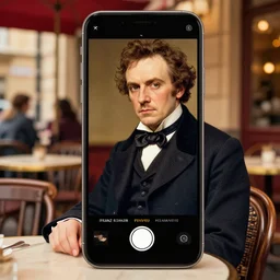 a photo of franz schubert sitting at the cafe, rich colors, iphone photo, 4 k photo, instagram, realistic photo, detailed photo, very beautiful photo,