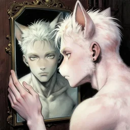 beautiful aesthetic portrait commission of an albino male furry anthro looking in the mirror, detailed face , hyperdetailed, dark atmosphere. Character design by charlie bowater, ross tran, artgerm, and makoto shinkai, detailed, inked, western comic book art, 2022 award winning painting