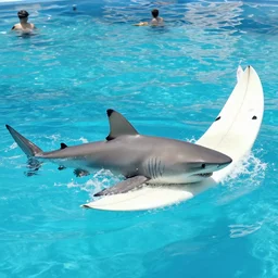 a shark and a surfer in a swimming pool