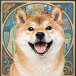portrait of happy laughing shiba inu with a background in the style of mucha. detailed. hd