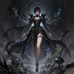 dark fantasy female dark magician with perfect hands and perfect legs surrounded by elements and glowing magic, wide angle view, fullbody view, highly detailed, qichao wang, artgerm, cushart krenz, zeronis, trending on artstation, soft light, sharp edges, illustration, character design, concept art