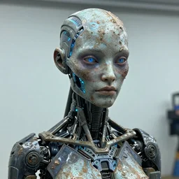 photo taken of an epic intricate, ultra detailed, super realistic gritty, wet, lifelike sculpture of a female humanoid android creature with bioluminescent patches of skin created by weta workshop, zoomed in shots, subsurface scattering, photorealistic, sharp focus, white wall coloured workshop, cold colour temperature, f 0. 4, face centred, golden ratio,