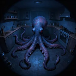 dark palette, fisheye, octopus shaped naive, extra narrow, detailed illustration of a kitchen, large floor, octopus shaped by rhads from nightmare, trending artstation, dark blue
