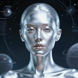 retrofuturistic portrait of woman with reflective chrome skin, space graphics in background, close up, quint buchholz, wlop, dan mumford, artgerm, liam brazier, peter mohrbacher, raw, featured on artstation, octane render, cinematic, elegant, intricate, 8 k