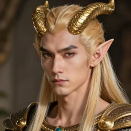 adult male elf ; 2 5 years ; sharp effeminate face ; elf ; clean shaven ; long golden hair ; golden horns ; patches of scales ; pointed ears ; in the style of fruits basket ; trending on artstation ; cinematic ; high detail ; digital art ; anime key visual ;