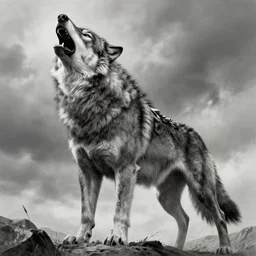 giant armored war wolf howling to the sky, grayscale, hyperrealistic pencil sketch, cinematic, trending on artstation