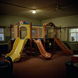 Lowly-lit indoor playground from the 1990s, no people around