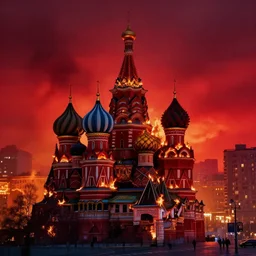 cyberpunk moscow, burning houses, demons, evacuation of the city, red horizon, fire on the background