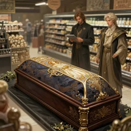 a funeral in a supermarket, photography of kurzgesagt, deep focus, d & d, fantasy, intricate, elegant, highly detailed, digital painting, artstation, concept art, matte, sharp focus, illustration, hearthstone, art by artgerm and greg rutkowski and alphonse mucha
