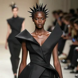 beautifully lit portrait photo in medium close up of extremely beautiful woman who is a black statue with jagged spikes on her head wearing avant garde asymmetrical distorted comme de garcon haute couture gown in the style of rei kawakubo, couture, avant garde, matthew williams, givenchy, balenciaga, yohji yamamoto, japanese avant garde fashion, fashion, paris, runway, collection, beautifully lit, glossy, hd, 4 k, 8 k, extremely clear focus, sharp, award winning fashion photograph