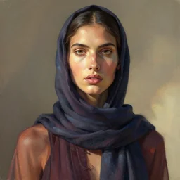 detailed portrait in femininity, realistic face sculpted features, ethnic, exotic, deep clear eyes, statuesque, gazelle - like, gown and scarf, tangible, bathed in morning light, chiaroscuro, radiant, balanced, natural color scheme, contrasting highlights, mediterranean color palette, contemporary modern fashion, deep rich hues, illustration