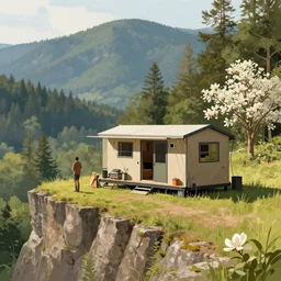 cabela's outdoors popup micro - compact modular home, quick assembly, utilitarian, glamping, person in foreground, cliffside mountainous forested wilderness open fields, beautiful views, painterly concept art, joanna gaines, environmental concept art, farmhouse, magnolia, concept art illustration by craig mullins, by greg rutkowski