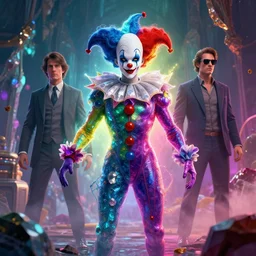 a cinematic shot of hyperdimensional jester, tom cruise, quartz, colorful, octane render, volumetric lighting, nvidia raytracing demo, by Andy Thomas, Mario Martinez, Daniel Mirante, Gustave Dore, Artstation, CGsociety, masterpiece