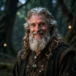 portrait of merlin, the enigmatic!!!, wise, smiling wizard, in a dark fae forrest. close up, bokeh, beautiful lighting, low key light, nikon d 7 5 0, hd, ycbcr, lumen reflections, character concept art by rembrandt, annibale carracci, camille corot, and shishkin